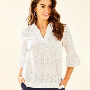 Lilly Pulitzer Ginger Top White Fishy Eyelet Sz. XL